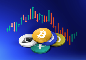 The image contains of different types of Cryptocurrencies and over them are the Candlestick Chart.