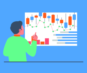 The images describes a Man looking at the Candlestick Chart Pattern analysing Future & Options Trading Strategies.