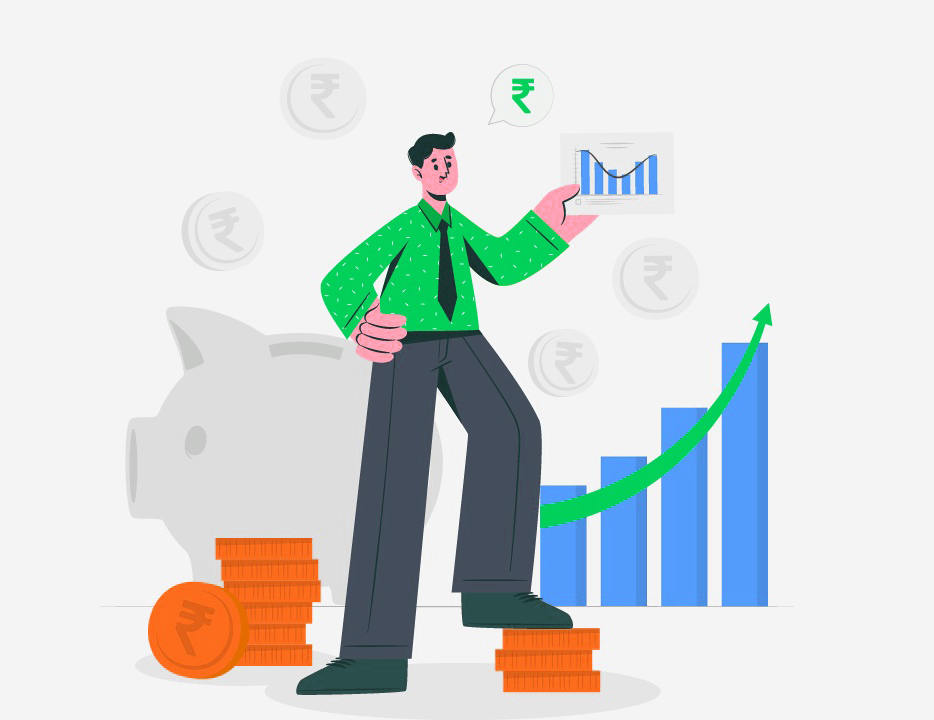 The image displays a man standing, keeping his one leg on a couple of coins and holding a chart indicating a conclusion on how to be aware of all the Trading Scams.