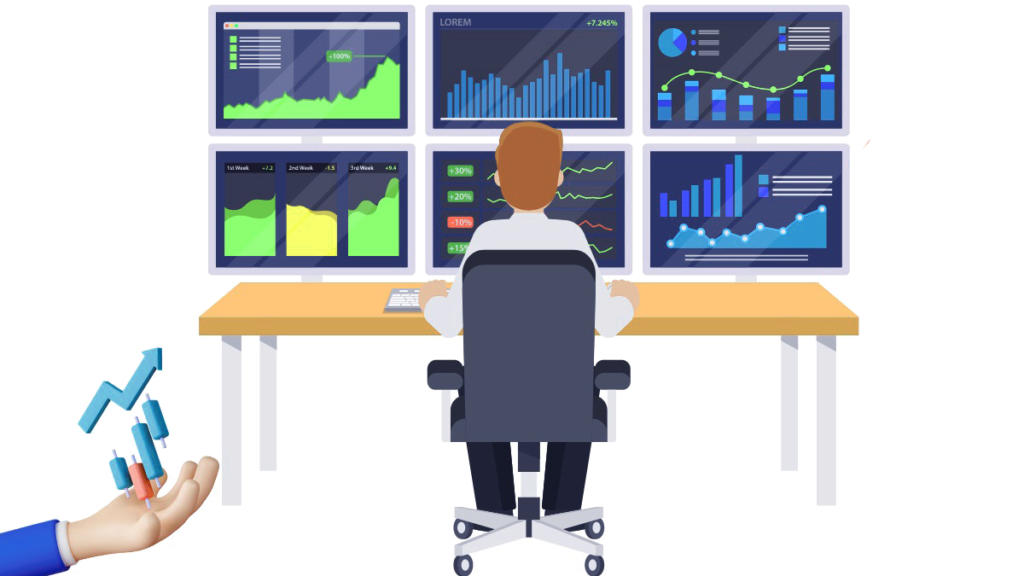 The image displays a man sitting on a chair looking at multiple screens in which Stock Market Charts are shown indicating which stocks to pick in the portfolio.