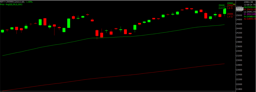 The picture is of the Nifty Stock Market chart in the daily time frame, through which it will be used to predict the market on Sept 13, 2024.