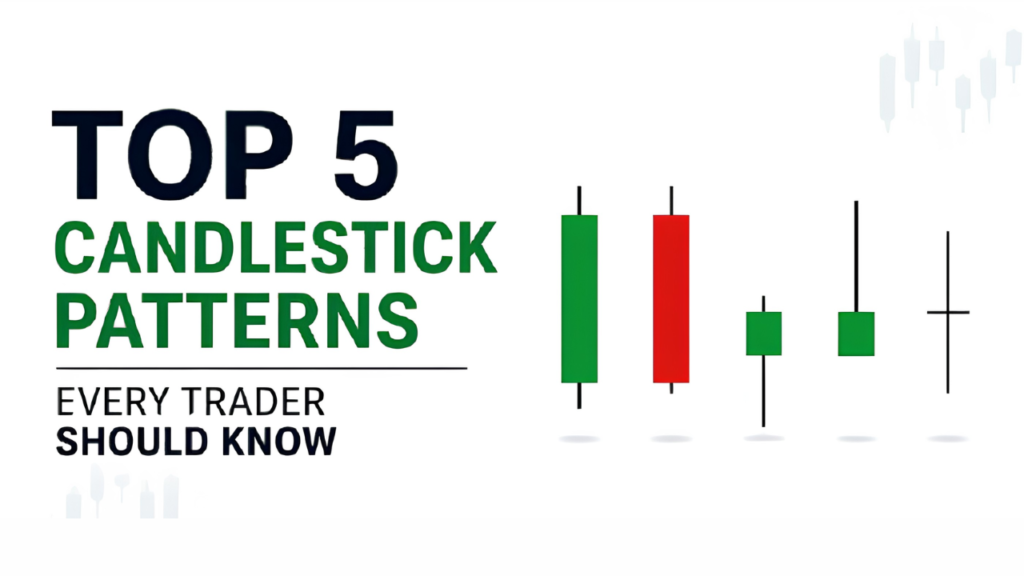 This image is about top 5 candlestick patterns every trader should know